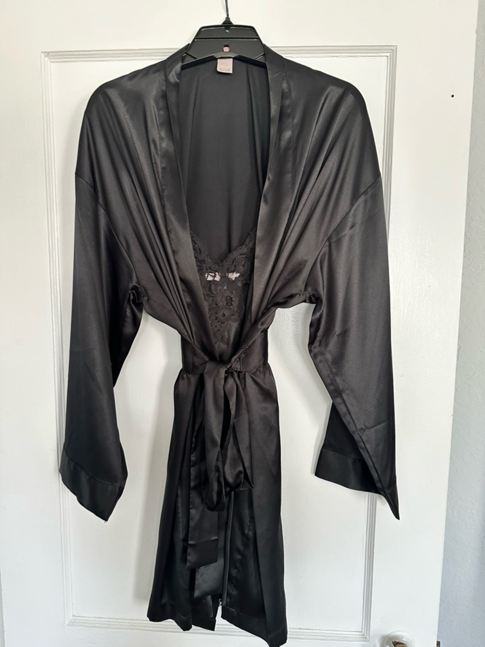 Victoria's Secret Black Satin Robe with Lace Trim
